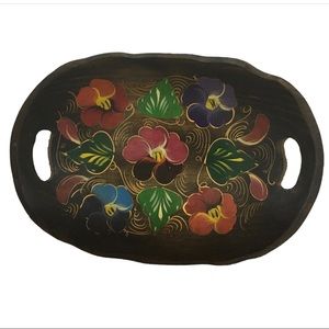 Vintage Dark Wood Painted Oval Wooden Platter Tray 12”